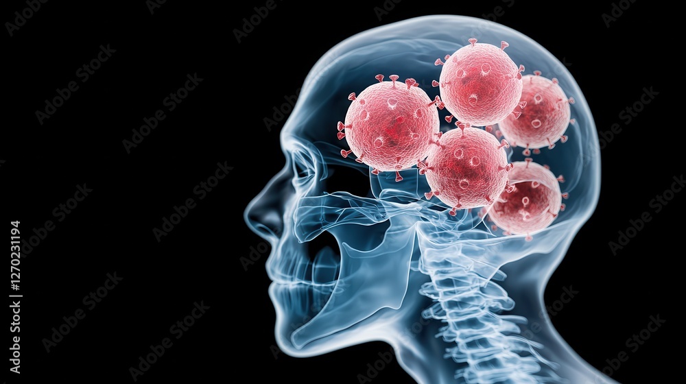 X-ray side view of human skull showing highlighted brain regions with ...