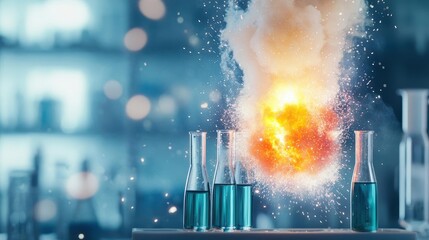 Poster - Vibrant Chemistry Laboratory with Colorful Orange and Yellow Liquids in Test Tubes Showcasing Scientific Exploration and Experimentation Atmosphere