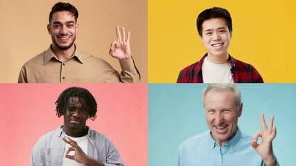 Poster - Four men display the okay gesture against vibrant backdrops. Each individual exudes positivity while embracing a lifestyle celebrating diversity.