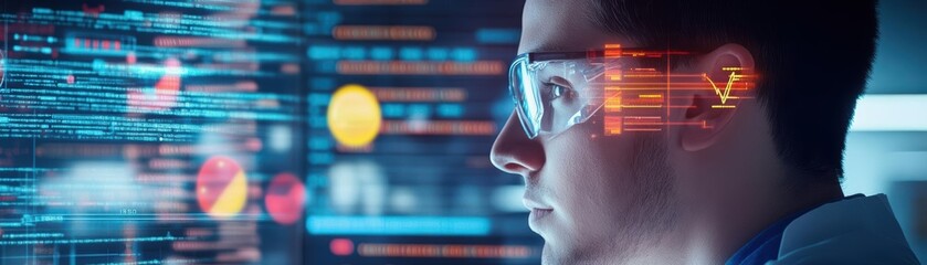 Poster - Focused Man with Glasses Engaged in Work on Computer Screen in Modern Office Environment with Soft Lighting and Creative Atmosphere Promoting Productivity