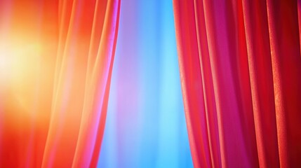 Poster - a vibrant image of flowing curtains in red and blue, illuminated by soft light, creating a warm and 