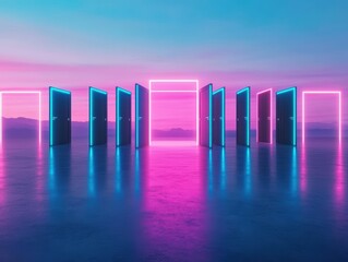 Poster - Vibrant Neon-Lit Doors Creating a Captivating Urban Atmosphere with a Touch of Mystery and Modern Aesthetic in a Nighttime City Environment