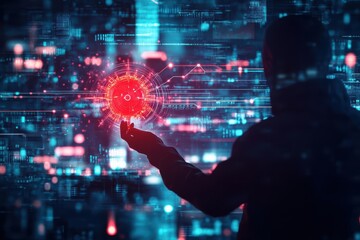 Poster - Individual Engaging with Interactive Digital Interface by Touching Vibrant Red Button Emphasizing Modern Technology and User Experience Concepts
