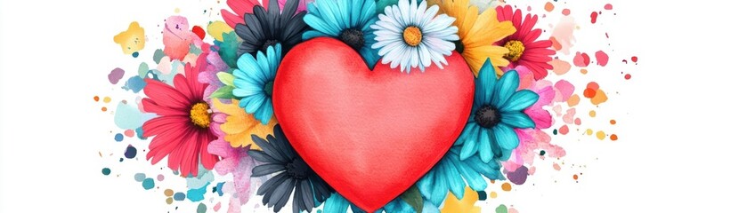 Poster - A Vibrant Heart Surrounded by Colorful Flowers and Dynamic Paint Splashes Creating a Whimsical and Joyful Atmosphere Full of Life and Emotion