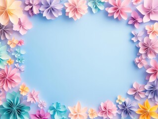 Poster - Vibrant Collection of Colorful Paper Flowers Artfully Arranged on a Bright Blue Background Showcasing Creativity and Joy in a Playful Decorative Style