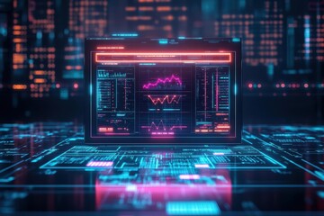 Poster - Futuristic Laptop with Vibrant Neon Display Showcasing High-Tech Interface in a Dark Room Illuminated by Soft Ambient Lighting for a Modern Vibe