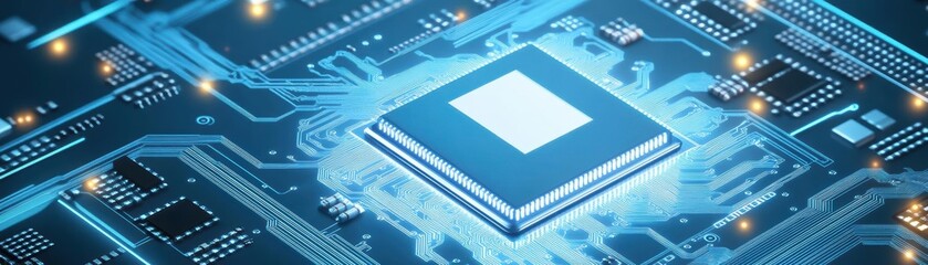 Poster - Close Up View of a Computer Chip on a Vivid Blue Background Highlighting Intricate Circuit Patterns and Modern Technology in a Futuristic Context