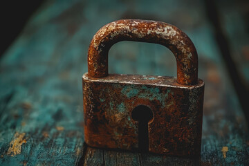 Rusty padlock resting on a textured wooden surface with natural grain patterns and color variations