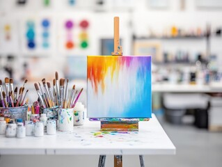 Poster - Artistic Painting Setup Featuring Various Paintbrushes and Tools for Creative Expression in a Colorful and Inspiring Artistic Environment
