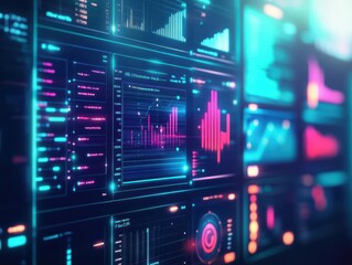 Fototapete - Vibrant Computer Screen Displaying Diverse and Colorful Graphs and Data Visualizations in a Modern Office Environment Reflecting Analytical Insights