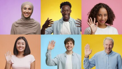 Poster - A cheerful collection of individuals representing various backgrounds and ages, all happily waving and saying hello against vibrant, colorful backgrounds.