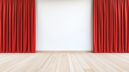 Poster - a serene interior featuring vibrant red curtains framing a blank wall and polished wooden flooring, 