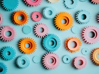 Poster - Vibrant Colorful Gears Arranged on a Bright Blue Background Showcasing Intricate Mechanical Design and Playful Aesthetic in a Creative Context