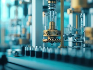 Poster - Intricate Machine Featuring Translucent Glass Cylinder on Top with Gleaming Metal Base and Mechanical Components Symbolizing Innovation and Engineering Excellence