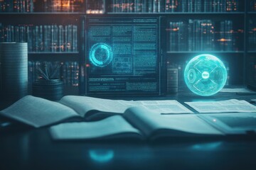 Poster - Futuristic Workspace Featuring a Computer with a Glowing Globe Symbolizing Global Connectivity and Technology in a Modern Minimalist Environment