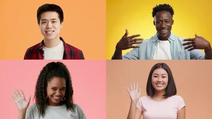 Poster - A diverse group of individuals wave their hands in greeting. Each person displays joy and friendliness, surrounded by bright, colorful backgrounds enhancing the inviting atmosphere.