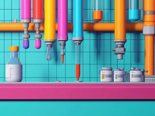Poster - Vibrant Colorful Background Featuring Industrial Pipes and Valves in a Contemporary Style Evoking a Dynamic and Energetic Atmosphere of Engineering