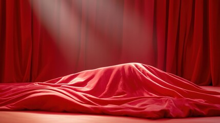 Wall Mural - A vibrant red draped fabric covers an object, set against a backdrop of red curtains, illuminated by soft light.