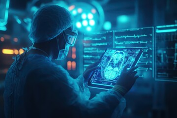 Poster - Intriguing Scene of a Man in a Mask Intently Observing a Tablet Displaying a Scan Imagery Evoking Mystery and Modern Technology in a Unique Setting