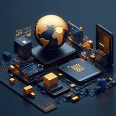 Poster - Global Connectivity Golden Earth on Circuit Board Represents Modern Technology and Innovation