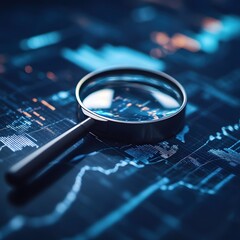 Fototapete - Magnifying Glass Over Data Analysis Financial Charts and Graphs in Blue Tones for Business