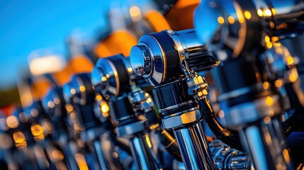 Aufkleber - Row of Chrome Motorcycle Engine Components Shimmering in Evening Light with Bokeh Background and Shallow Depth of Field