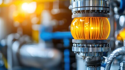 Aufkleber - Industrial safety beacon shines brightly amidst complex machinery with blurred background in factory setting