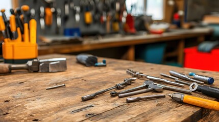 Aufkleber - Assortment of metal tools scattered on rustic wooden workbench in workshop with blurred background and warm light providing industrial vibe