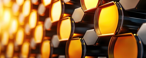 Poster - Golden Hexagonal Structure with Metallic Frame Abstract Design and Bright Light Effect