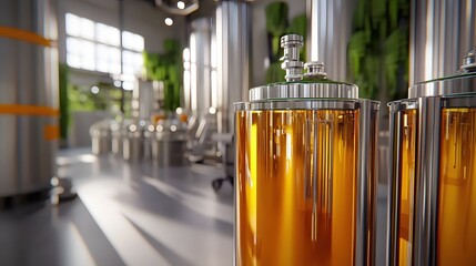 Aufkleber - Industrial Brewing Excellence Stainless Steel Tanks with Golden Liquid in Modern Brewery Setting