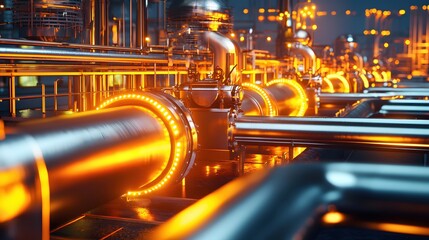 Aufkleber - Industrial metal pipes with orange light in a factory setting showcasing intricate machinery and futuristic design creating a captivating visual experience