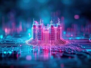Poster - Vibrant Computer Circuit Board Featuring Intricate Pink and Blue Patterns Highlighting Technological Innovation and Modern Digital Aesthetics in Electronics