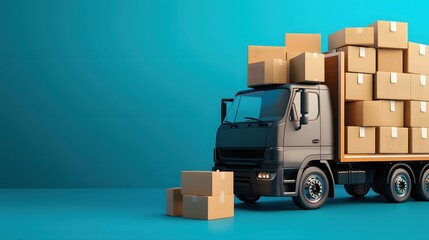 Poster - Delivery Truck Transporting Cardboard Boxes on Blue Background Ready for Shipping and Distribution