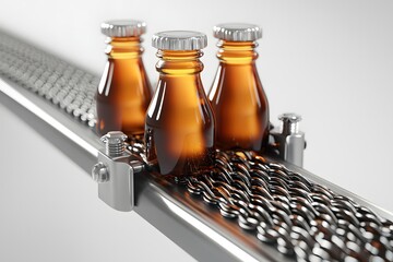 Aufkleber - Amber Liquid Bottles on Conveyor Belt Industrial Production Line Close Up Shiny Metal Automation
