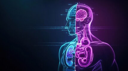 Poster - vibrant neon lines accent male torso highlighting muscular definition and modern aesthetic in a futu