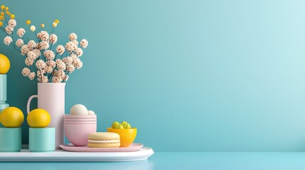 Poster - Pastel Still Life with Macarons Flowers and Geometric Shapes Creating a Minimalist Design