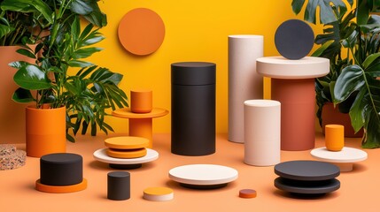 Aufkleber - Vivid Still Life of Geometric Shapes and Lush Green Plants on a Vibrant Yellow Background