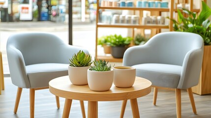 Poster - Serene interior with succulents on wooden table and comfortable chairs in a bright setting