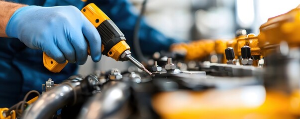 Poster - Mechanic precise work with yellow screwdriver on engine in workshop for auto repair service