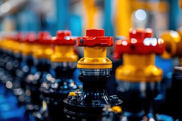 Poster - Vibrant Valves in Precise Alignment Industrial Machinery with Red and Yellow Accents