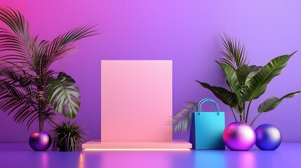 Aufkleber - Vivid Product Display with Tropical Plants and Shopping Bag on a Modern Neon Platform