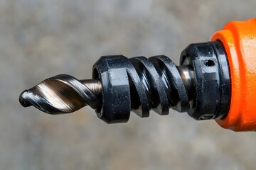 Poster - Close up view of an orange drill with a black auger bit against a neutral background