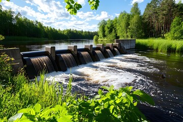 Aufkleber - Cascading Water at Dam in Lush Green Forest on Sunny Day Creates Scenic and Serene View