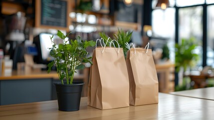 Poster - Two brown paper bags and a green plant on a wooden table in a bright cafe setting