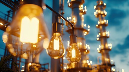 Poster - Glowing Edison Bulbs Illuminate Industrial Landscape at Dusk Warm Light Against Cool Blue Sky