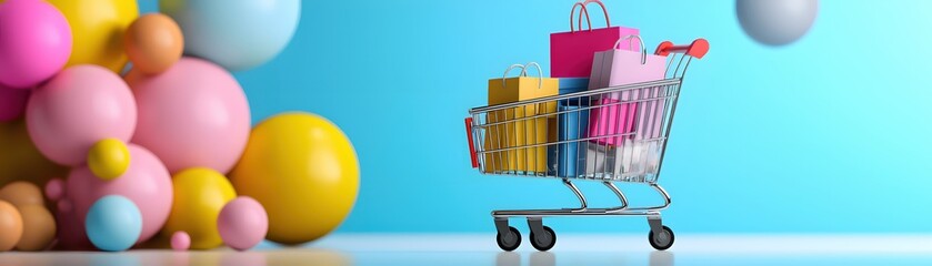 Poster - Bright Shopping Cart Full of Colorful Bags and Spheres for Retail Therapy and Fun