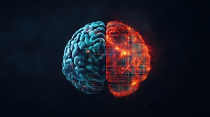 Poster - Intricate Visualization of a Brain with Intersecting Red and Blue Lines Forming a Grid Pattern Symbolizing Neural Connections and Cognitive Functionality
