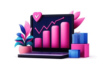 Aufkleber - Laptop Displaying Growth Chart with Heart Icon, Plant, and Gift Boxes in a Modern Style