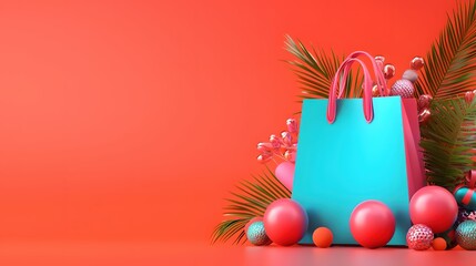 Poster - Festive Shopping Bag with Ornaments and Palm Leaves on Coral Background for Holiday Season
