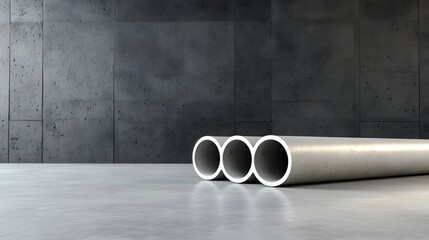Poster - Minimalist Industrial Scene with Silver Metal Pipes Against a Dark Concrete Wall in a Modern Studio Setting with Clean Lines and Muted Tones